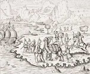 Transport von Waren auf dem Rücken von Kamelen, Reproduktion eines Holzschnitts in 